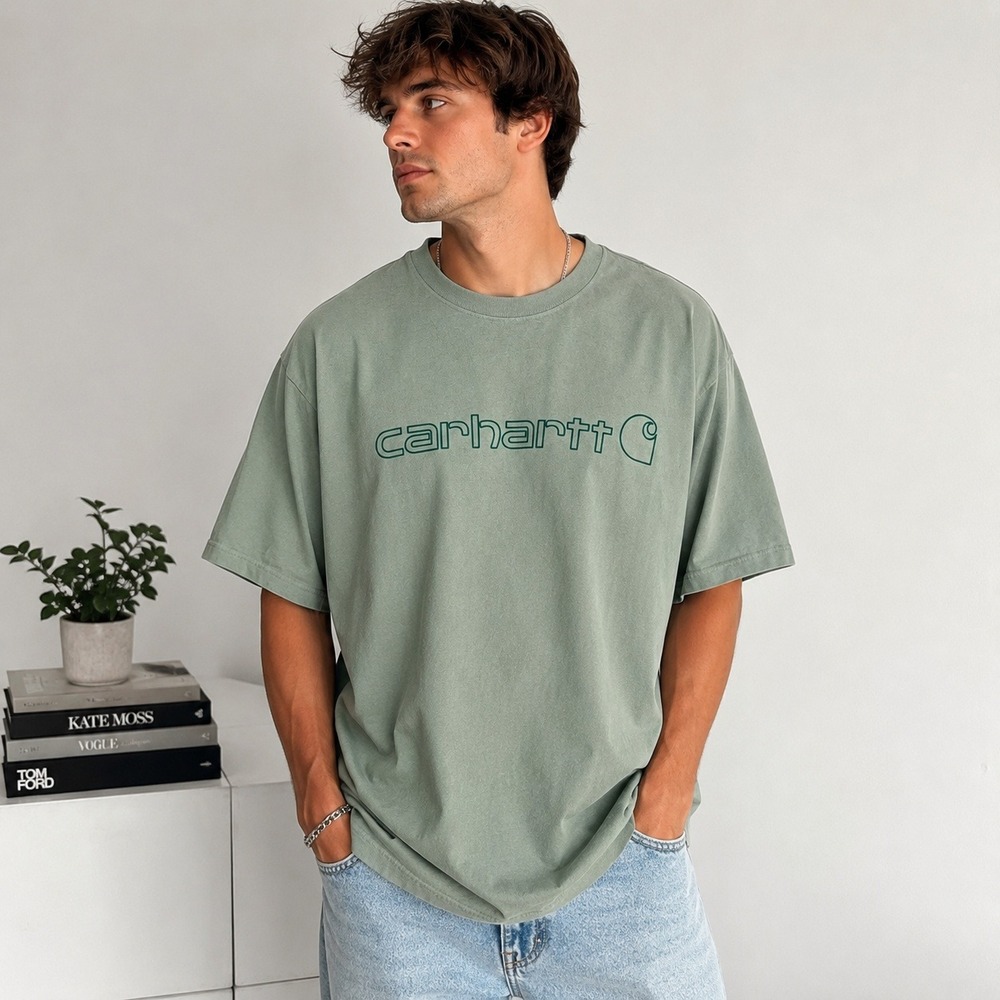 Carhartt Graphic Logo T Shirt XL Sage Green Loose Fit Streetwear Workwear